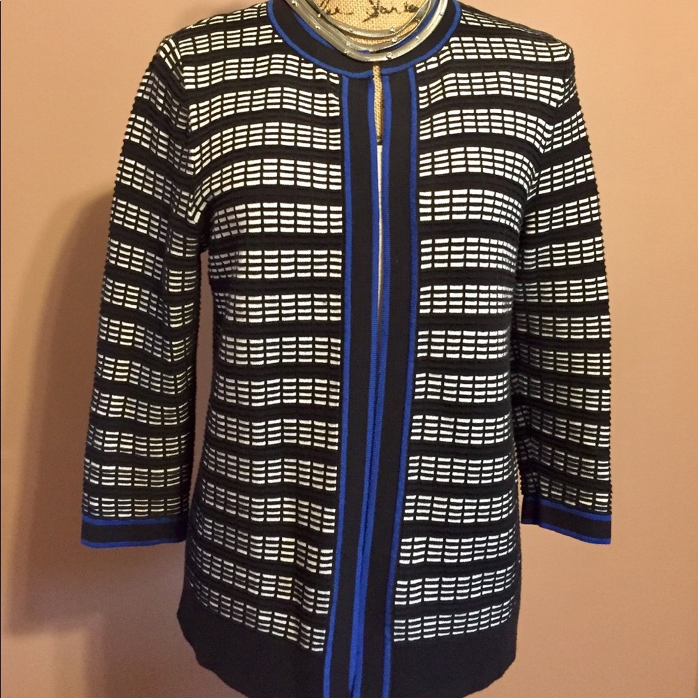 Kasper black and white open cardigan.
