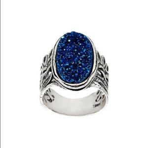Blue Druzy Sterling Silver Oval Ring