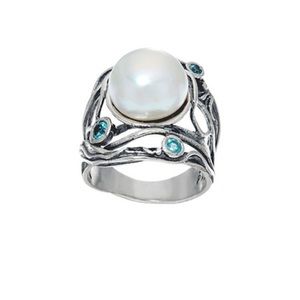 Blue Crystal & Cultured Pearl Swirl Ring