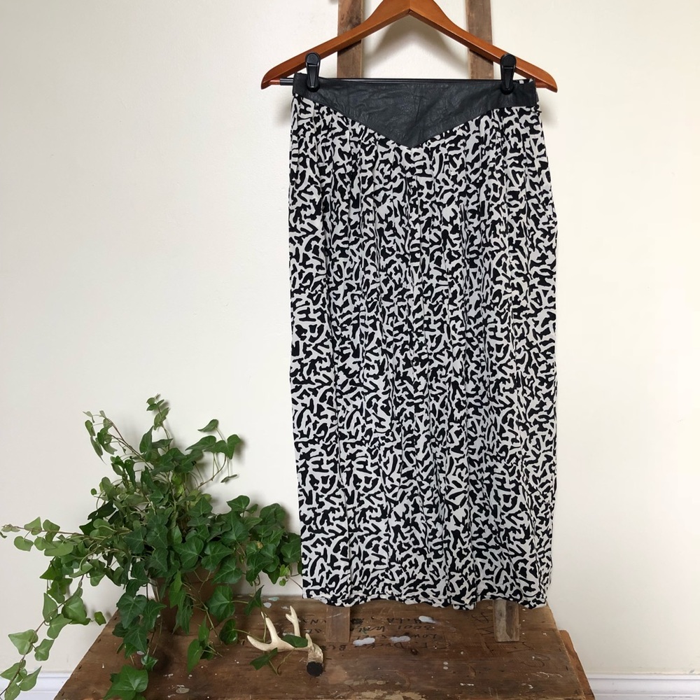 Black & White Silk Midi Skirt with Faux Leather