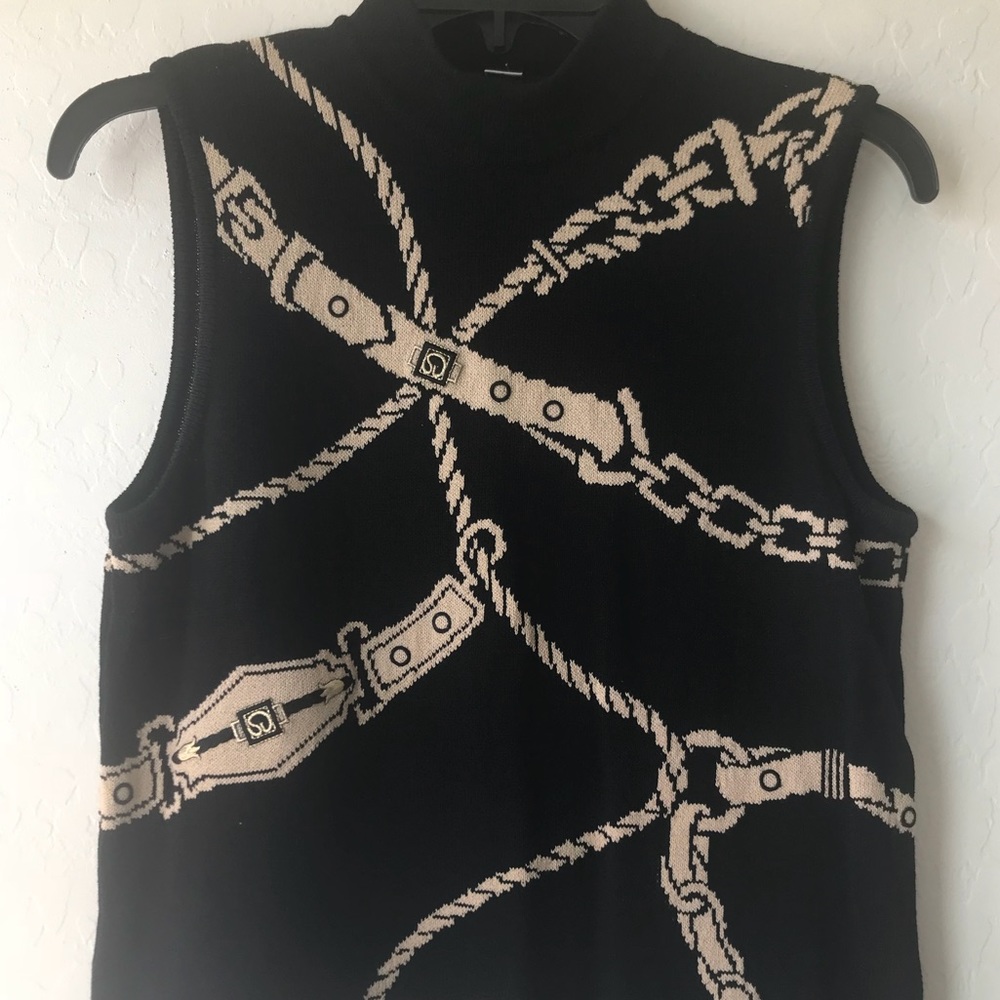 St. John Knit Black & Gold Mock Neck Top