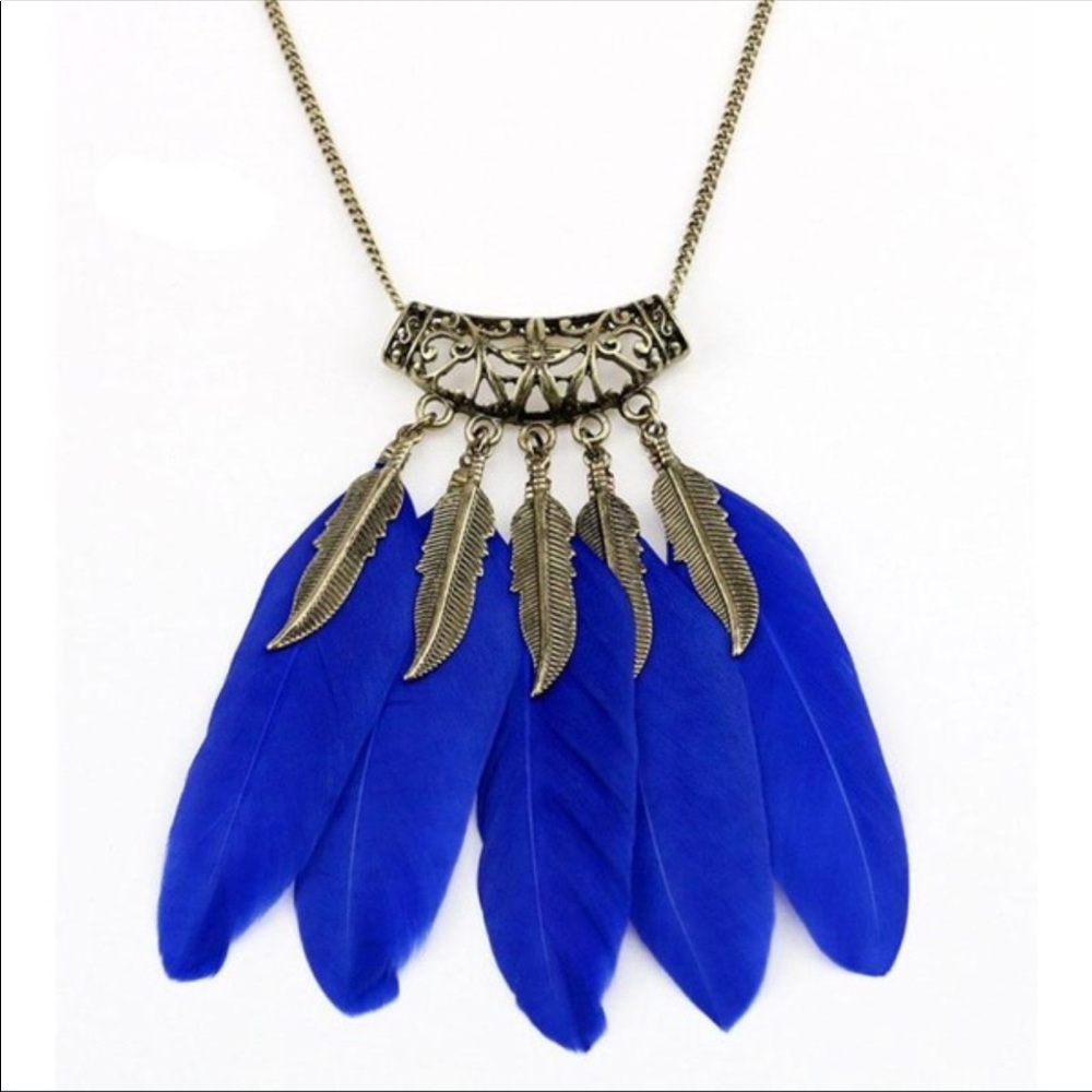 Blue Antique Bronze Boho Hippie Feather Necklace
