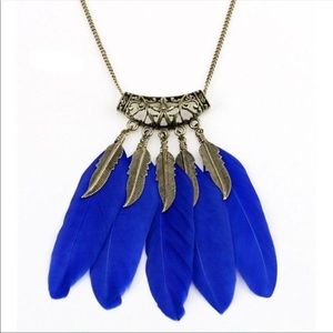 Blue Antique Bronze Boho Hippie Feather Necklace