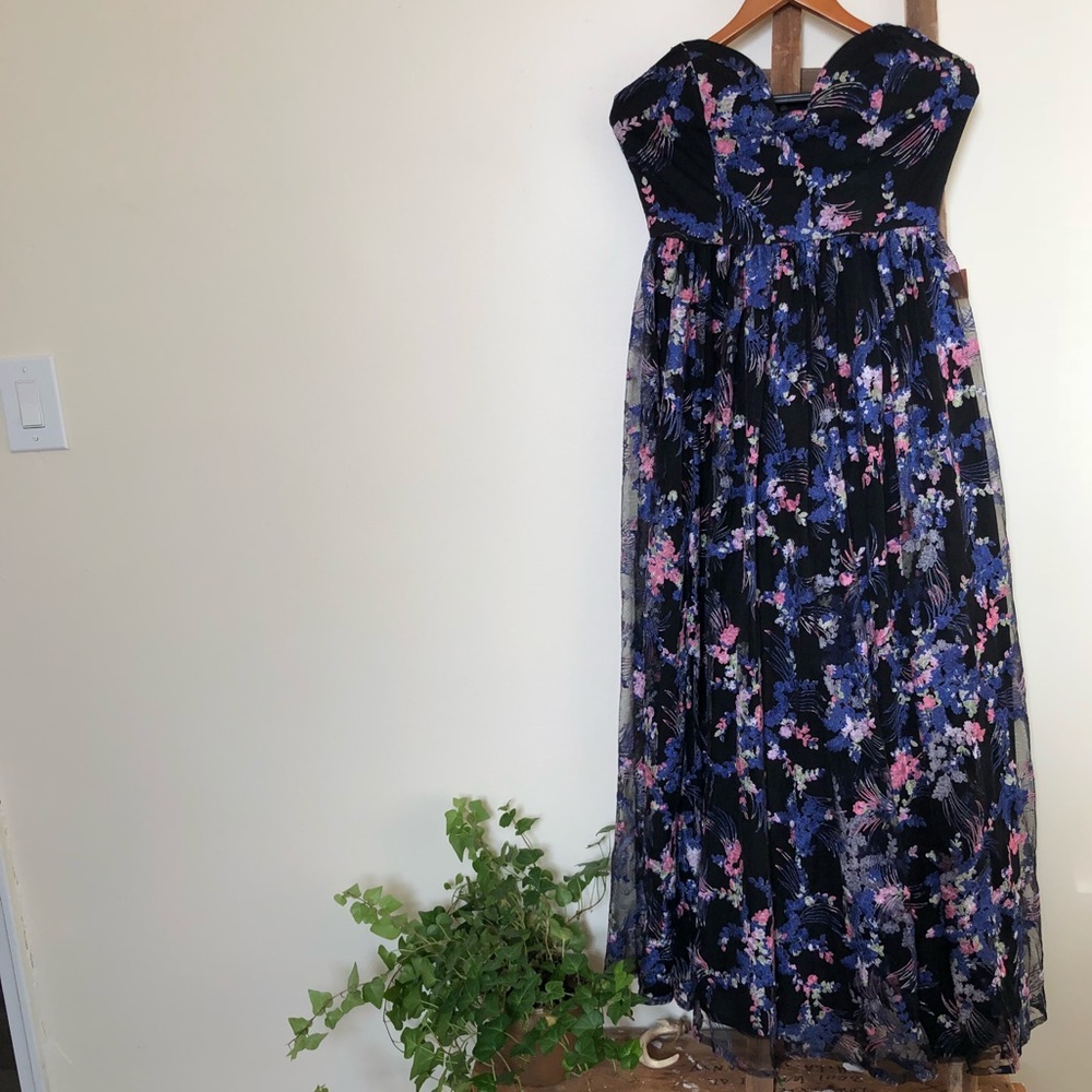 Nicole Miller Strapless Embroidered Maxi Dress