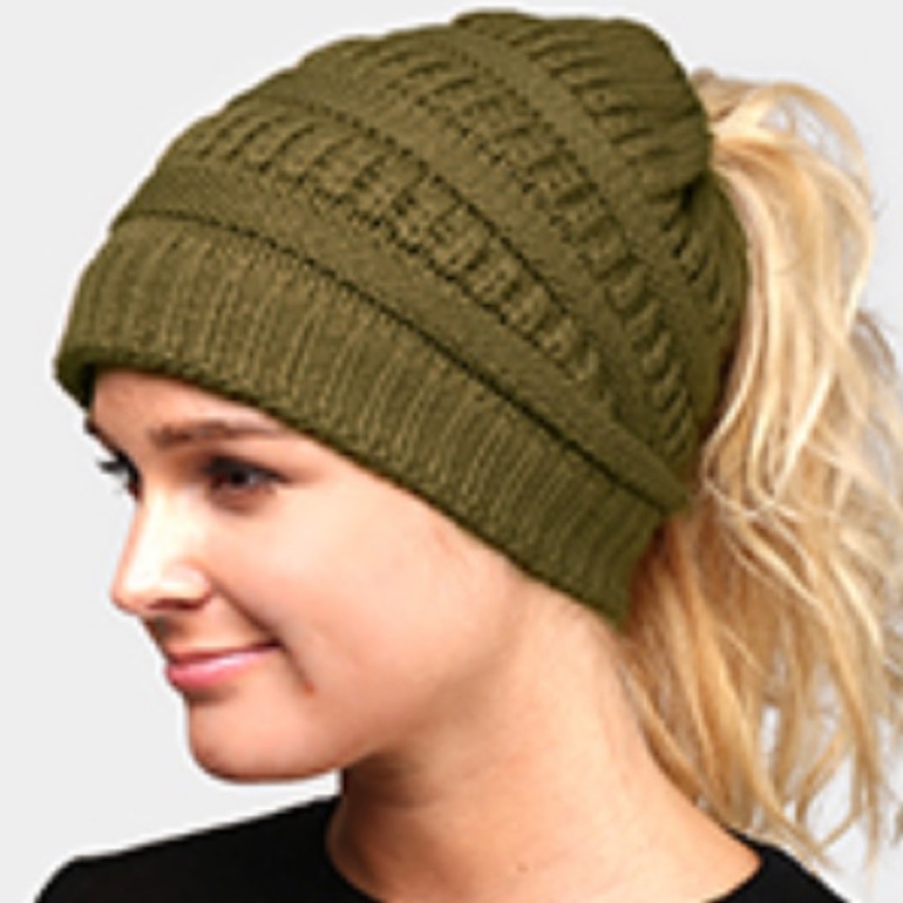knit cap with a ponytail opening.