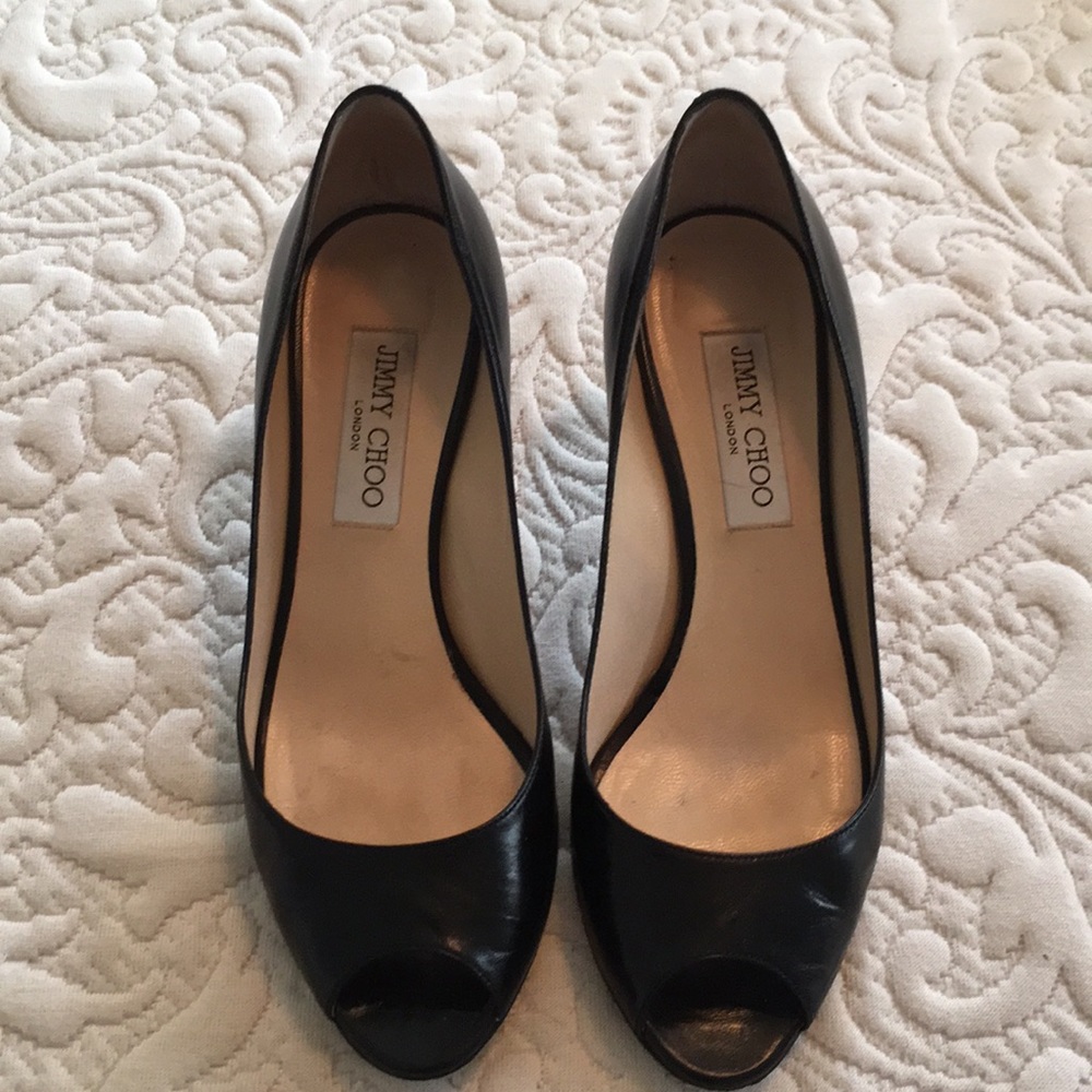 Jimmy Choo black leather peep toe pumps 37.5