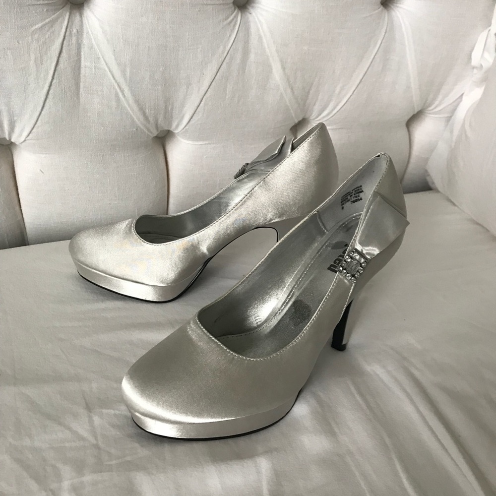 Silver satin 4" heels