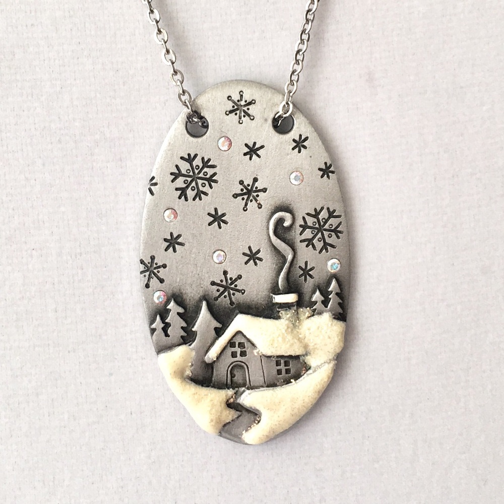 Vintage AJC Winter Cabin Pendant Necklace