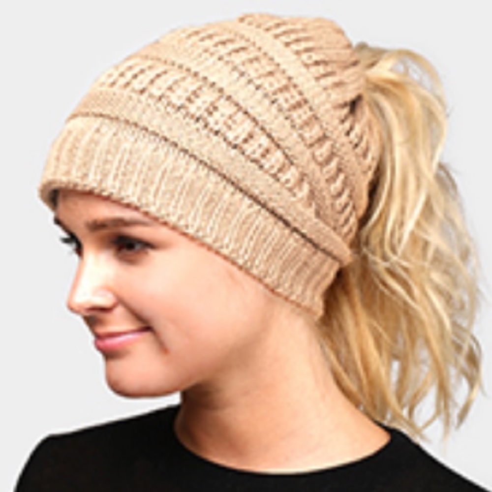 Cream colored knit ponytail hat