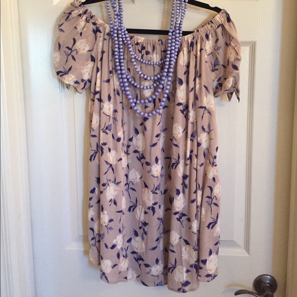 Peach and lavender off shoulder sundress.