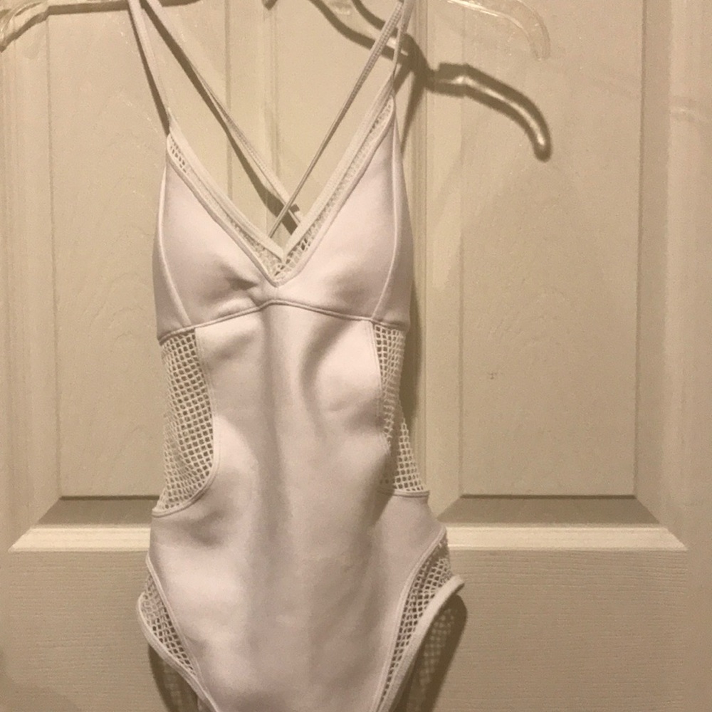 White one piece cut out mesh swimsuit