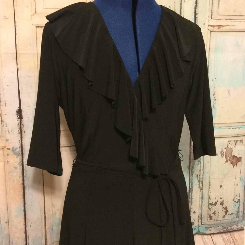 Chaps Black Faux Wrap Dress with Ruffles Size M