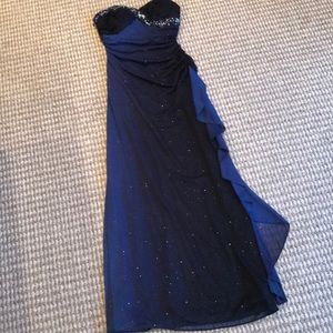 Long formal dark blue dress.