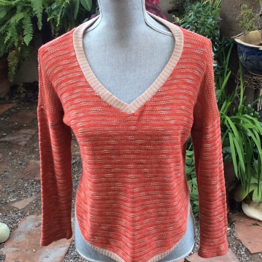 Splendid red with tan trim striped sweater.