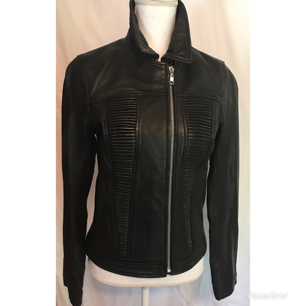 Black Rivet  Center Zip  Moto Biker Leather Jacket