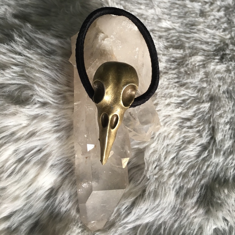Antique gold bird skull hair tie.