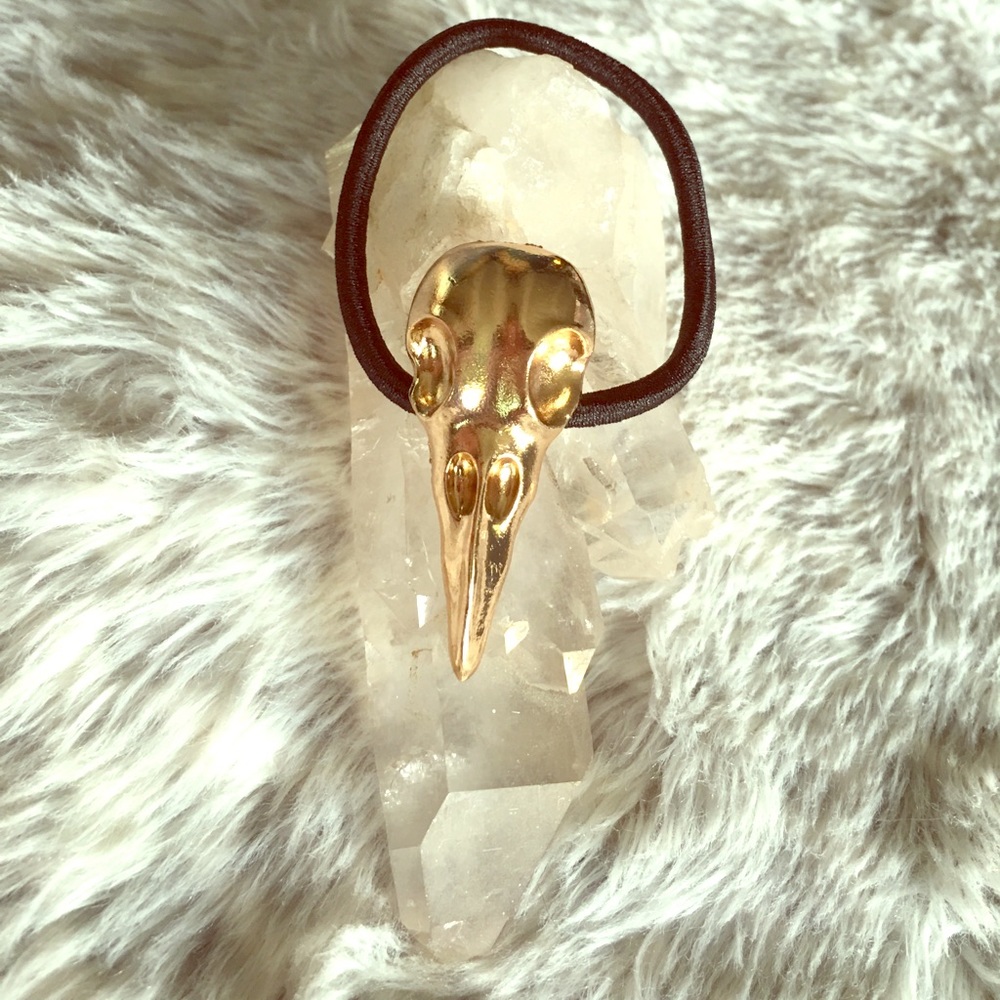 Gold bird skull pendent hair tie