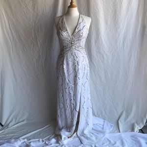 Silver beaded white gown.