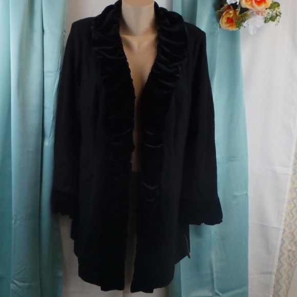 Going Global Black Velvet Ruffled Lined Coat - Picture 2 of 8