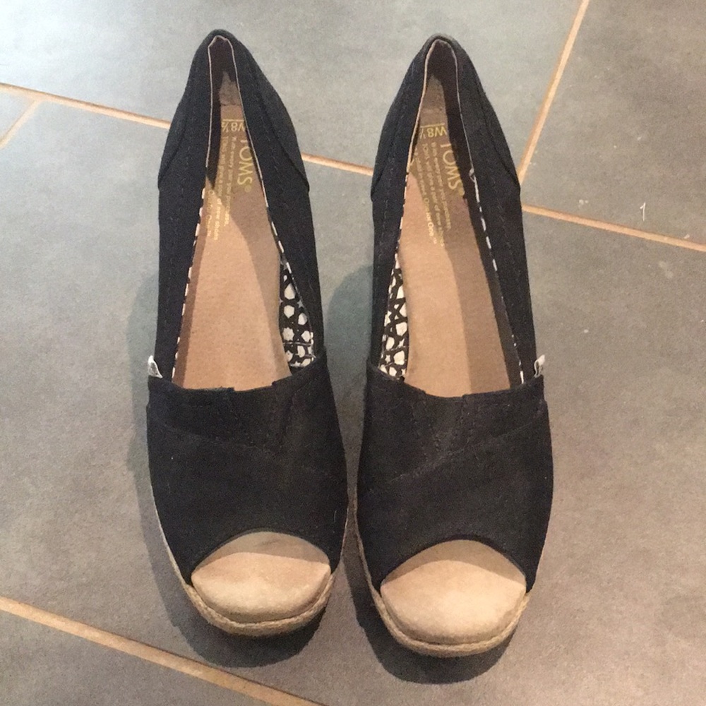 Black TOMS peep toe wedges