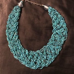 Teal/turquoise braided beaded statement necklace
