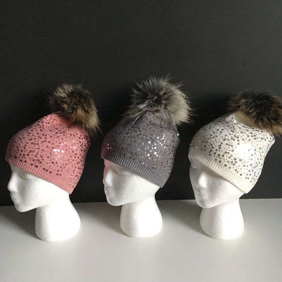 REAL FUR Pom Pom Sequin Hat - Picture 3 of 5