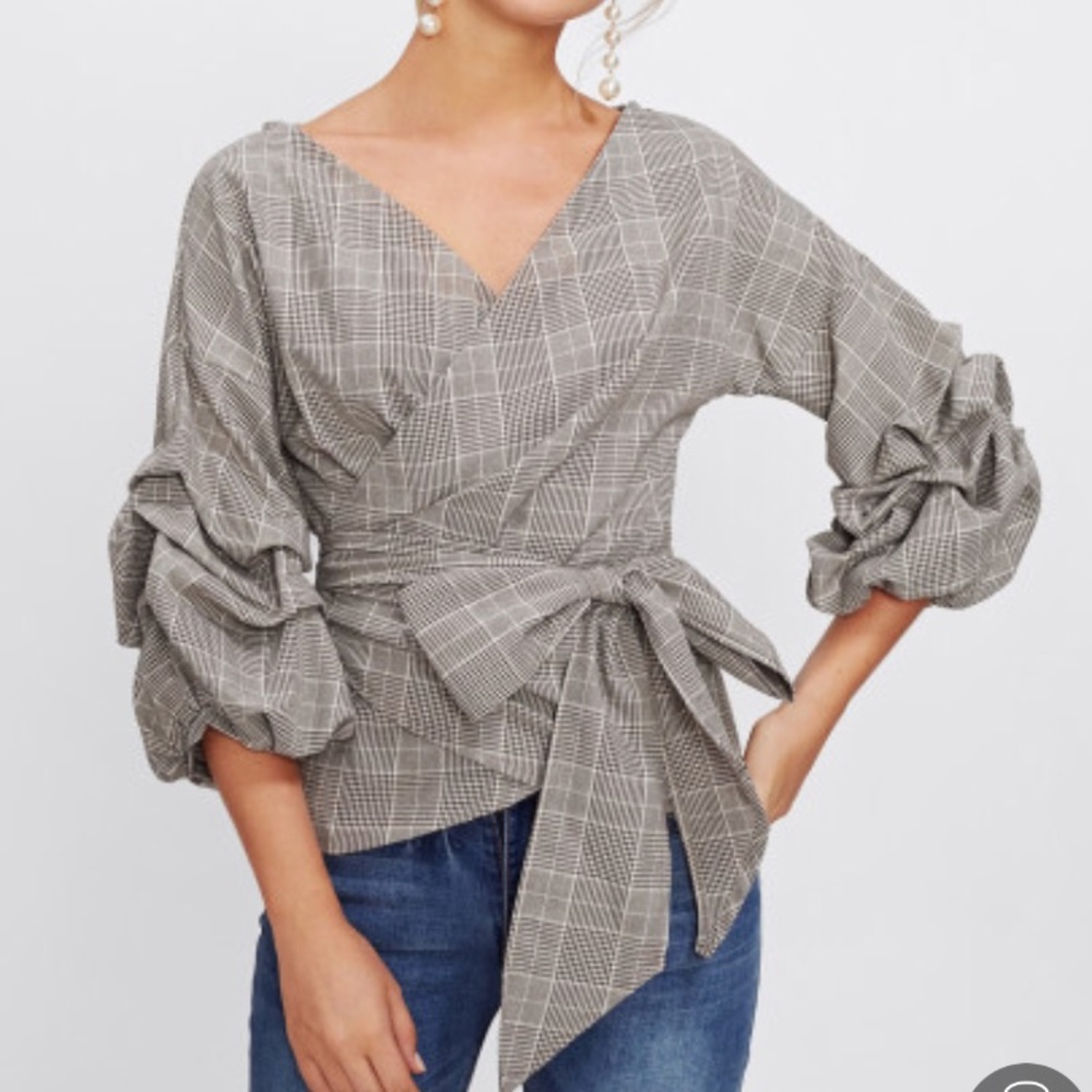 Plaid Gathered Sleeve Wrap Top Small NWOT