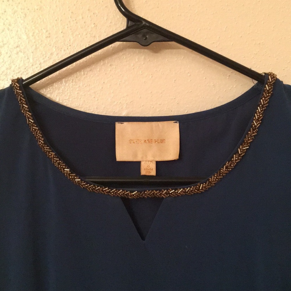 Skies Are Blue Navy Dress w/ Gold Beaded Neckline - Picture 3 of 4