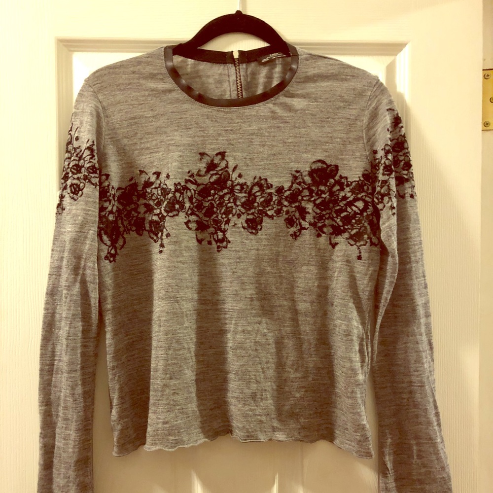 Zara Long Sleeve Tee with Faux Leather Trim Collar