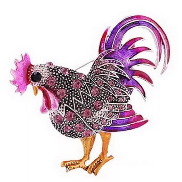 Rooster Chicken Pin Shiny Copper Enameling Rhinestone Crystal