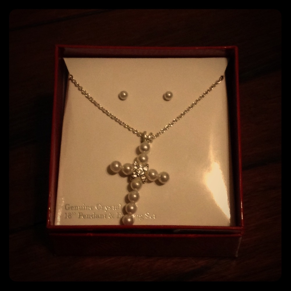 Cross necklace & earring gift set. Genuine crystal