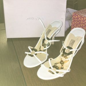 White with gold strappy heels