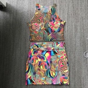 Handmade trippy neon rainbow oil spill skirt set