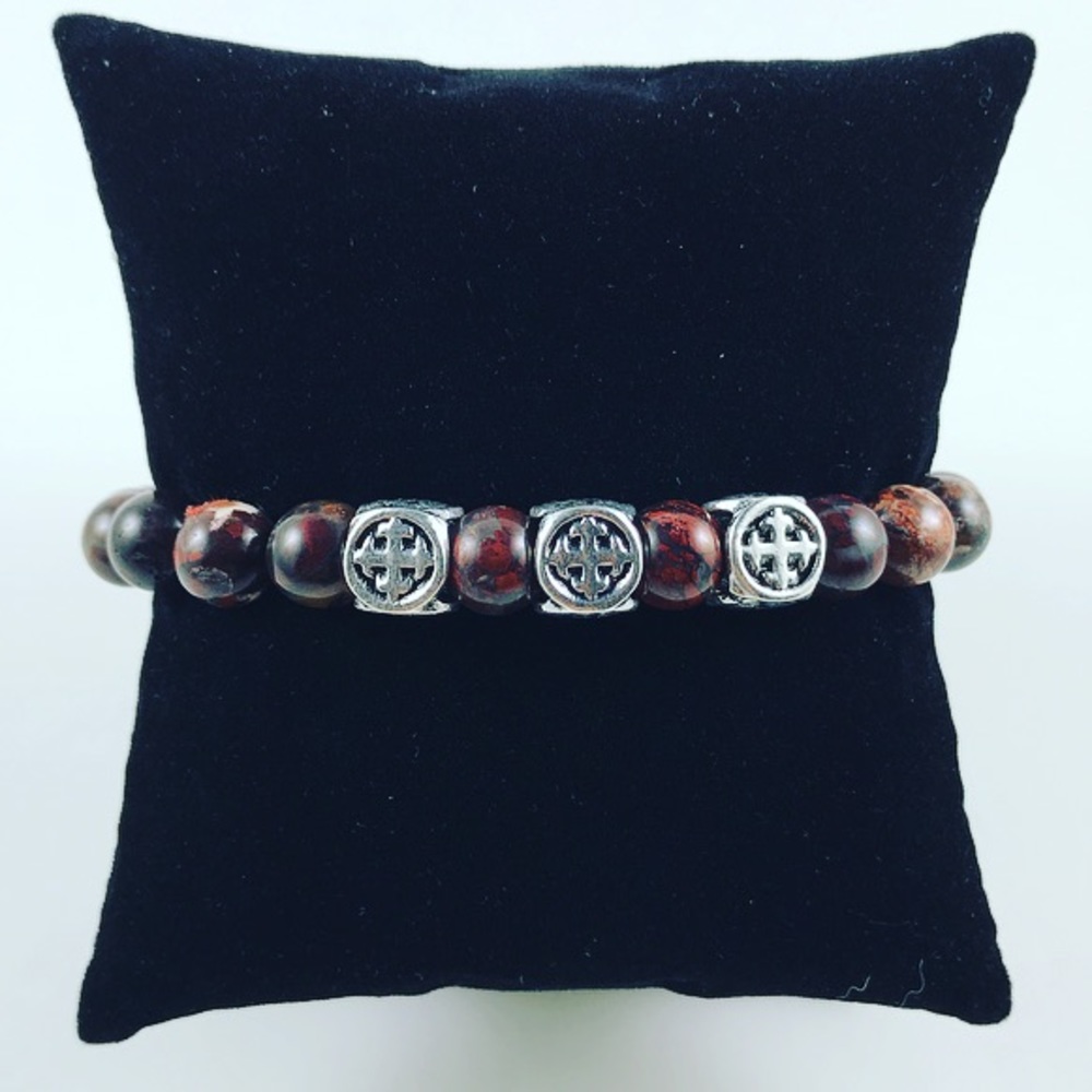 Genuine Red jasper skull & cross beaded bracelet - Picture 6 of 7