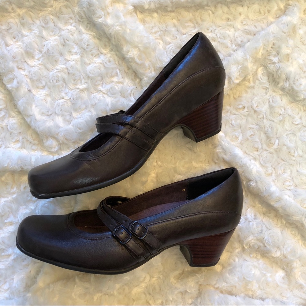 Clarks Dark Brown Leather Mary Jane Wide Shoes