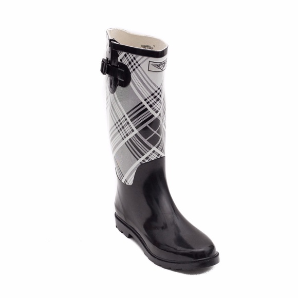 Women Tall Rain boots, #1418, Black White Plaid - Picture 2 of 4