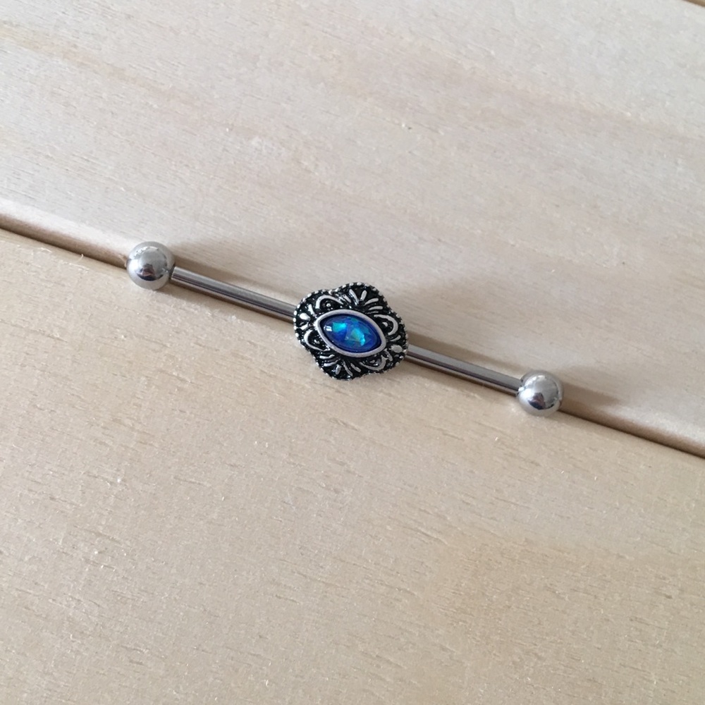 Blue Opal Etched Industrial Barbell