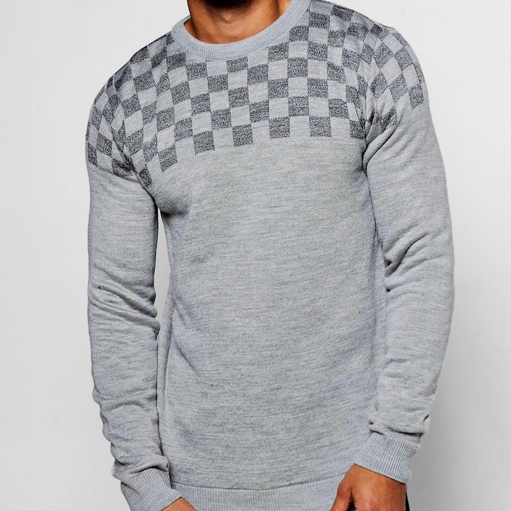 BooHoo Men's Checker Board Crew Neck Grey Medium