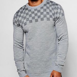 BooHoo Men's Checker Board Crew Neck Grey Medium