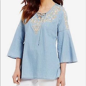 Reba Lace Up Embroidered Chambray Tunic