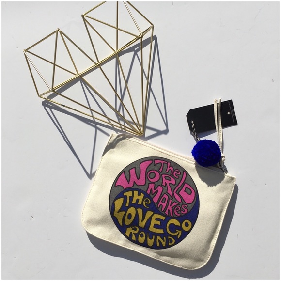 Canvas Clutch Cream Pink Purple & Gold With Purple Pom Pom Zipper Pull NWT - Picture 2 of 5