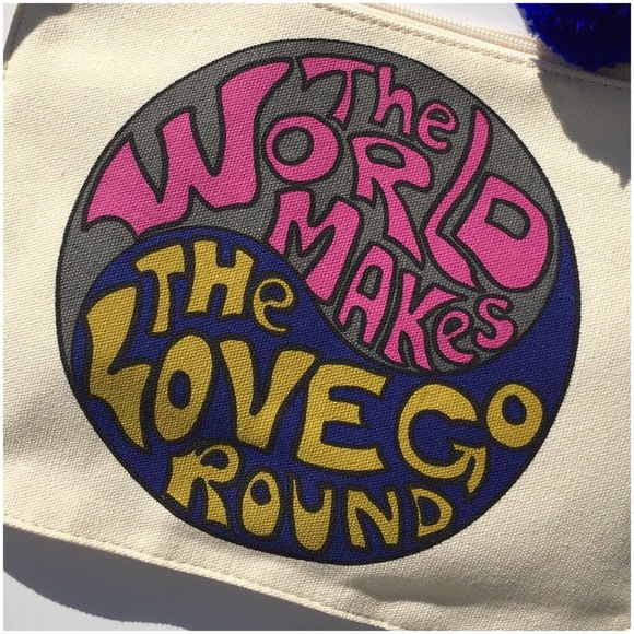 Canvas Clutch Cream Pink Purple & Gold With Purple Pom Pom Zipper Pull NWT - Picture 3 of 5