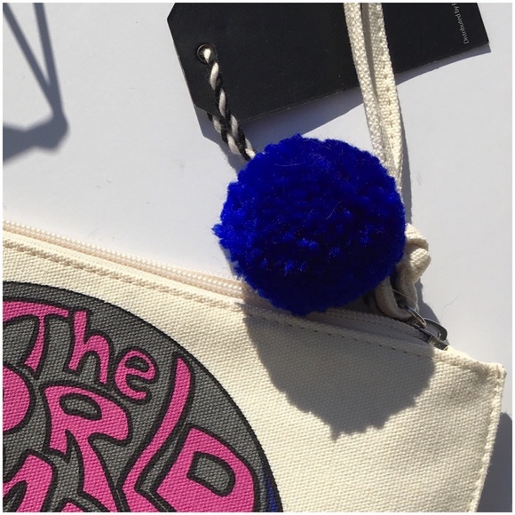 Canvas Clutch Cream Pink Purple & Gold With Purple Pom Pom Zipper Pull NWT - Picture 4 of 5