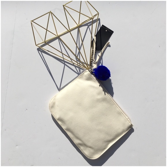 Canvas Clutch Cream Pink Purple & Gold With Purple Pom Pom Zipper Pull NWT - Picture 5 of 5