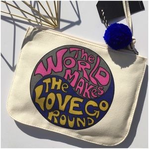 Canvas Clutch Cream Pink Purple & Gold With Purple Pom Pom Zipper Pull NWT