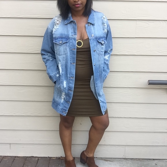 Longline Oversized Distressed Blue Jean Jacket - Picture 5 of 6