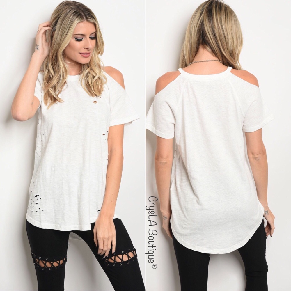 🔥NEW🔥✨Distressed Cold shoulder Tee✨