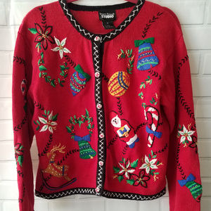 Ugly Christmas sweater M red santa bell flower