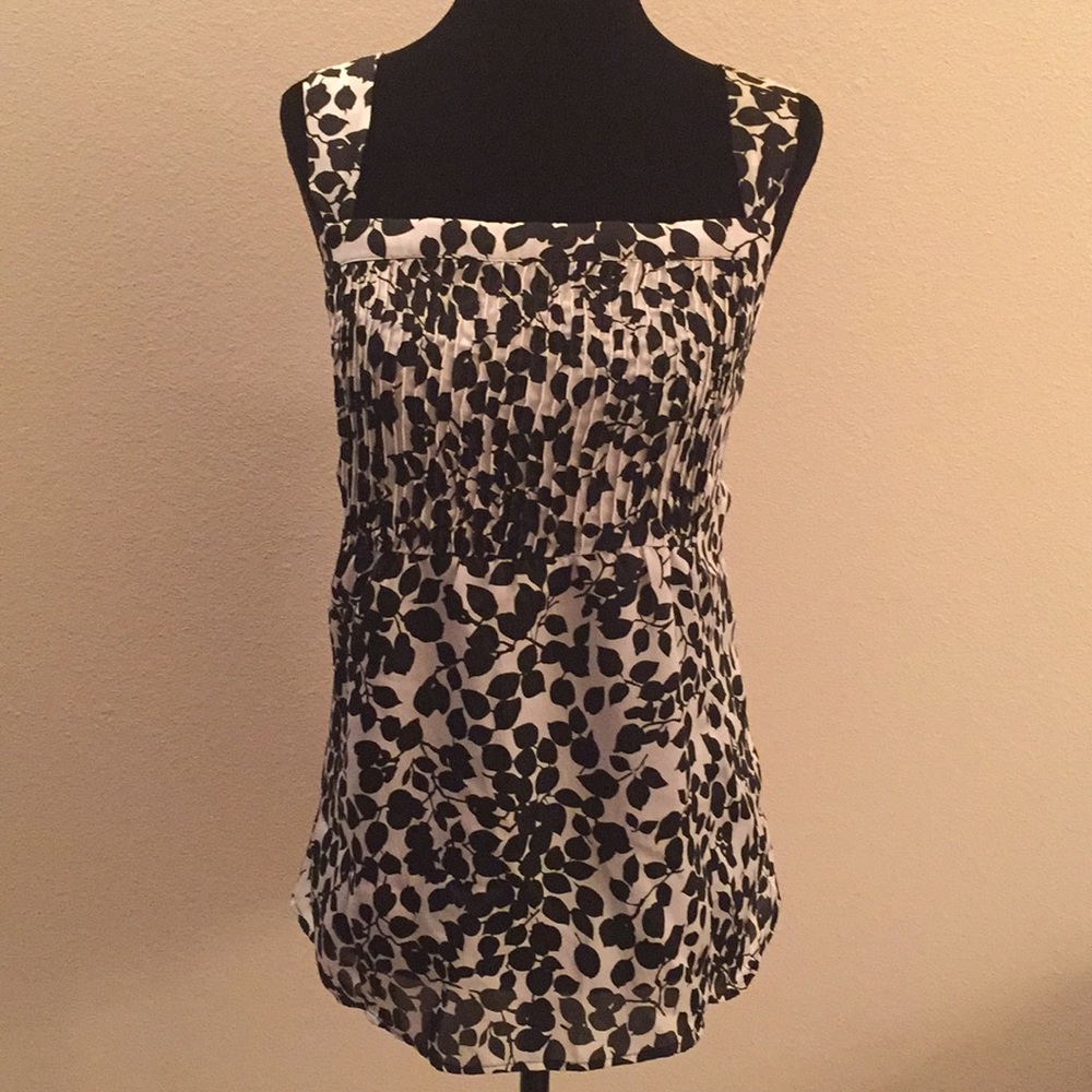 Semi Silky White Tank w/ black leaf/blossom print
