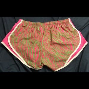 Pink and green zebra print Soffe running shorts